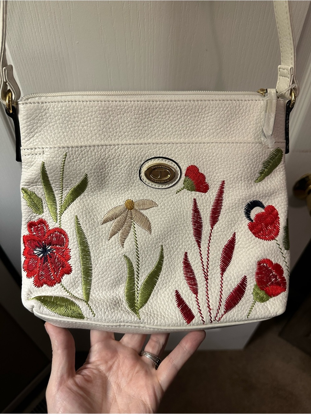 Tignanello White Floral Embroidered Crossbody Bag